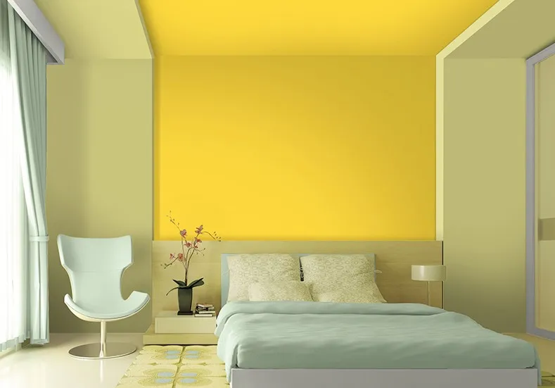kombinasi 2 warna cat Hijau dan Kuning kamar tidur sempit